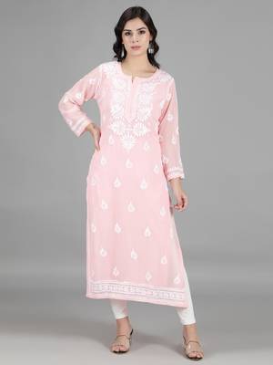 Hand Embroidered Lucknowi Pink Chikankari Georgette Kurta with Slip 1