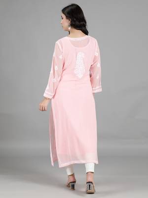 Hand Embroidered Lucknowi Pink Chikankari Georgette Kurta with Slip 2
