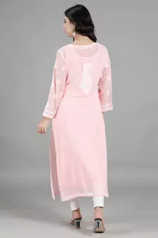 Hand Embroidered Lucknowi Pink Chikankari Georgette Kurta with Slip