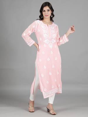Hand Embroidered Lucknowi Pink Chikankari Georgette Kurta with Slip 3