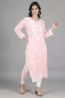 Hand Embroidered Lucknowi Pink Chikankari Georgette Kurta with Slip