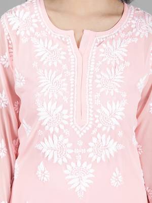 Hand Embroidered Lucknowi Pink Chikankari Georgette Kurta with Slip 4