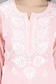 Hand Embroidered Lucknowi Pink Chikankari Georgette Kurta with Slip