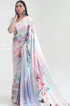 VSAREE DAISY WHITE & BLUE SATIN SILK DIGITAL PRINTED SAREE