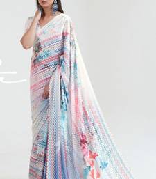 VSAREE DAISY WHITE & BLUE SATIN SILK DIGITAL PRINTED SAREE