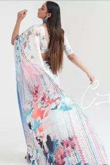 VSAREE DAISY WHITE & BLUE SATIN SILK DIGITAL PRINTED SAREE