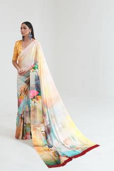 VSAREE FLAX YELLOW SATIN SILK DIGITAL PRINTED SAREE
