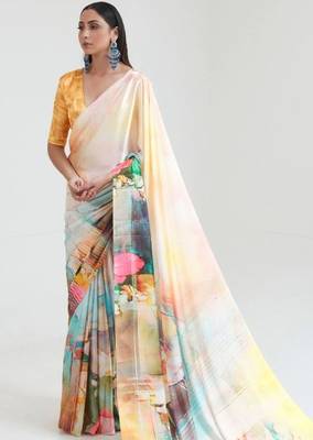 VSAREE FLAX YELLOW SATIN SILK DIGITAL PRINTED SAREE 2