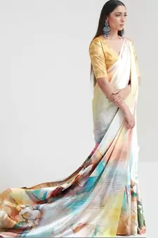 VSAREE FLAX YELLOW SATIN SILK DIGITAL PRINTED SAREE