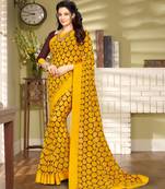 Yellow Printed Georgette Fancy Pallu Saree With Blouse