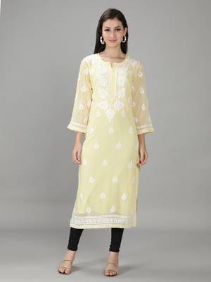Hand Embroidered Lucknowi Yellow Chikankari Georgette Kurta with Slip 1