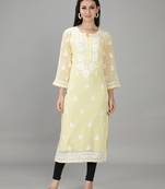 Hand Embroidered Lucknowi Yellow Chikankari Georgette Kurta with Slip