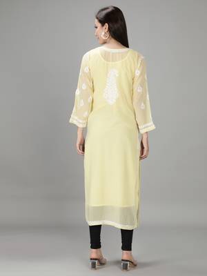 Hand Embroidered Lucknowi Yellow Chikankari Georgette Kurta with Slip 2