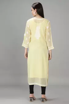 Hand Embroidered Lucknowi Yellow Chikankari Georgette Kurta with Slip