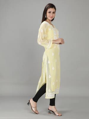 Hand Embroidered Lucknowi Yellow Chikankari Georgette Kurta with Slip 3