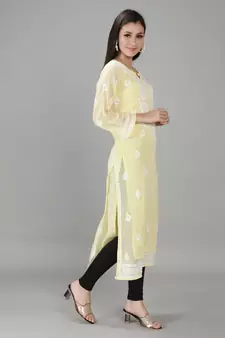 Hand Embroidered Lucknowi Yellow Chikankari Georgette Kurta with Slip