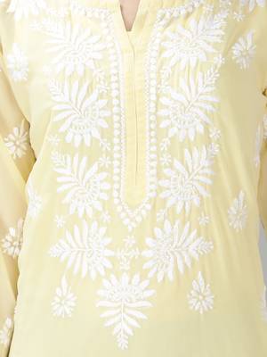 Hand Embroidered Lucknowi Yellow Chikankari Georgette Kurta with Slip 4