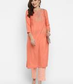 Straight Peach Cotton Silk Round Neck With Slit Embroidery Kurta