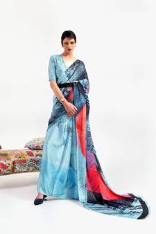 VSAREE AZURE BLUE DIGITAL PRINTED CREPE SILK SAREE