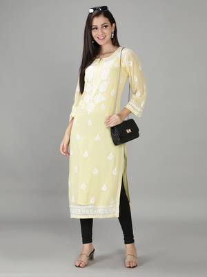 Hand Embroidered Lucknowi Yellow Chikankari Georgette Kurta with Slip 5