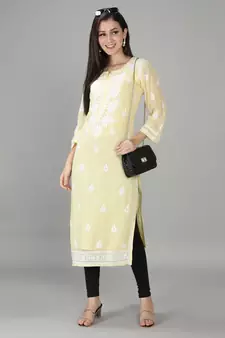 Hand Embroidered Lucknowi Yellow Chikankari Georgette Kurta with Slip