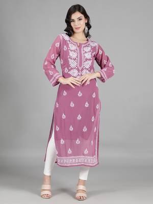 Hand Embroidered Lucknowi Burgundy Chikankari Georgette Kurta with Slip 1
