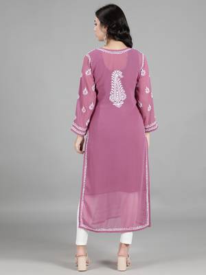 Hand Embroidered Lucknowi Burgundy Chikankari Georgette Kurta with Slip 2