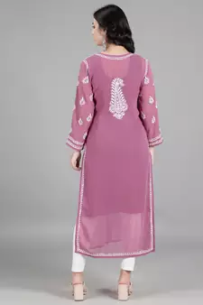 Hand Embroidered Lucknowi Burgundy Chikankari Georgette Kurta with Slip