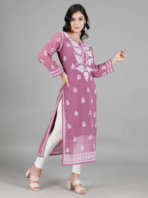 Hand Embroidered Lucknowi Burgundy Chikankari Georgette Kurta with Slip 3