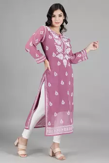Hand Embroidered Lucknowi Burgundy Chikankari Georgette Kurta with Slip