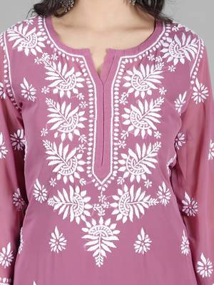 Hand Embroidered Lucknowi Burgundy Chikankari Georgette Kurta with Slip 4