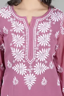 Hand Embroidered Lucknowi Burgundy Chikankari Georgette Kurta with Slip