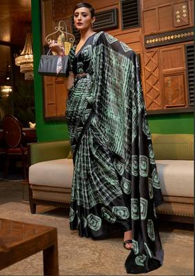 VSAREE GREEN & BLACK DESIGNER SATIN CREPE PRINTED SAREE 1