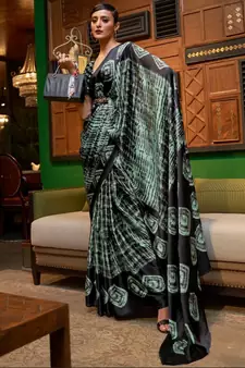 VSAREE GREEN & BLACK DESIGNER SATIN CREPE PRINTED SAREE