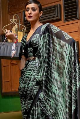 VSAREE GREEN & BLACK DESIGNER SATIN CREPE PRINTED SAREE 2