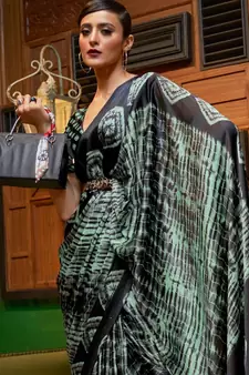 VSAREE GREEN & BLACK DESIGNER SATIN CREPE PRINTED SAREE