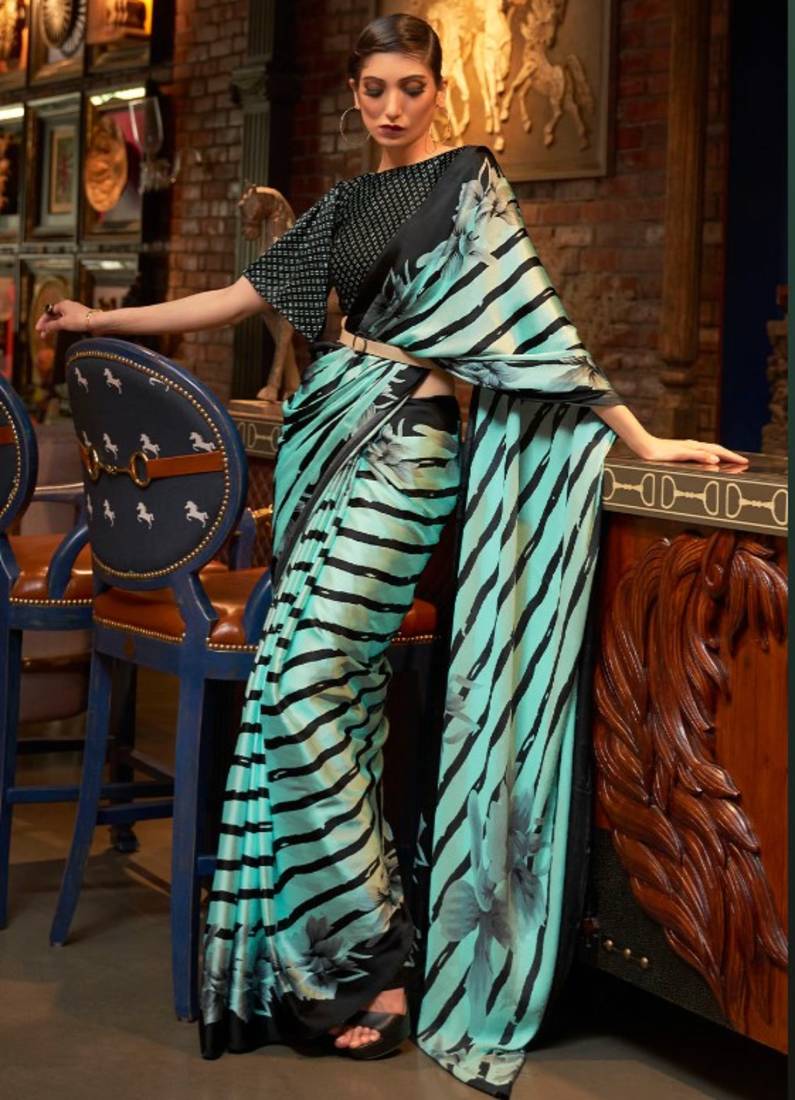 VSAREE AQUA BLUE DESIGNER SATIN CREPE PRINTED SAREE