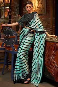VSAREE AQUA BLUE DESIGNER SATIN CREPE PRINTED SAREE