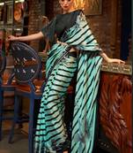 VSAREE AQUA BLUE DESIGNER SATIN CREPE PRINTED SAREE