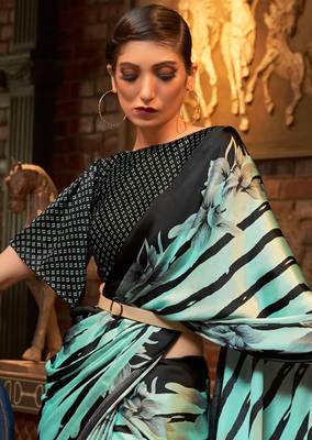 VSAREE AQUA BLUE DESIGNER SATIN CREPE PRINTED SAREE 2