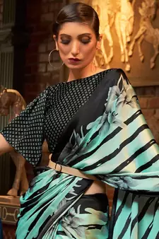VSAREE AQUA BLUE DESIGNER SATIN CREPE PRINTED SAREE
