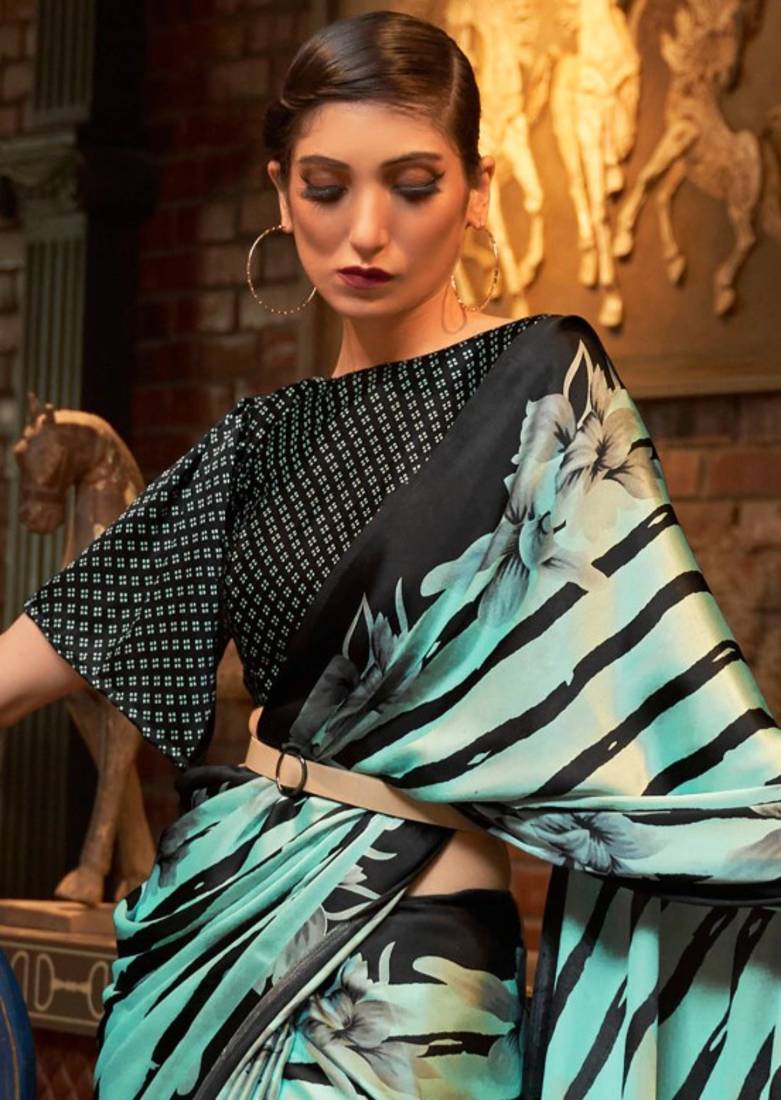 VSAREE AQUA BLUE DESIGNER SATIN CREPE PRINTED SAREE