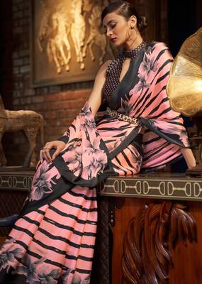 VSAREE MAUVELOUS PINK DESIGNER SATIN CREPE PRINTED SAREE 2