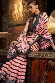 VSAREE MAUVELOUS PINK DESIGNER SATIN CREPE PRINTED SAREE