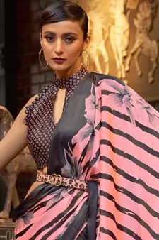 VSAREE MAUVELOUS PINK DESIGNER SATIN CREPE PRINTED SAREE