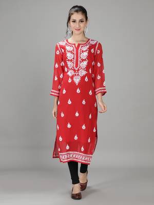 Hand Embroidered Lucknowi Red Chikankari Georgette Kurta with Slip 1