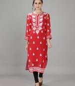 Hand Embroidered Lucknowi Red Chikankari Georgette Kurta with Slip