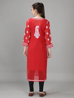 Hand Embroidered Lucknowi Red Chikankari Georgette Kurta with Slip 2