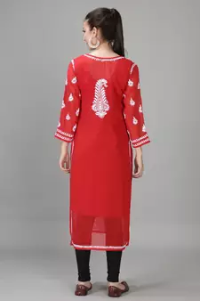 Hand Embroidered Lucknowi Red Chikankari Georgette Kurta with Slip