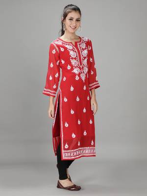 Hand Embroidered Lucknowi Red Chikankari Georgette Kurta with Slip 3